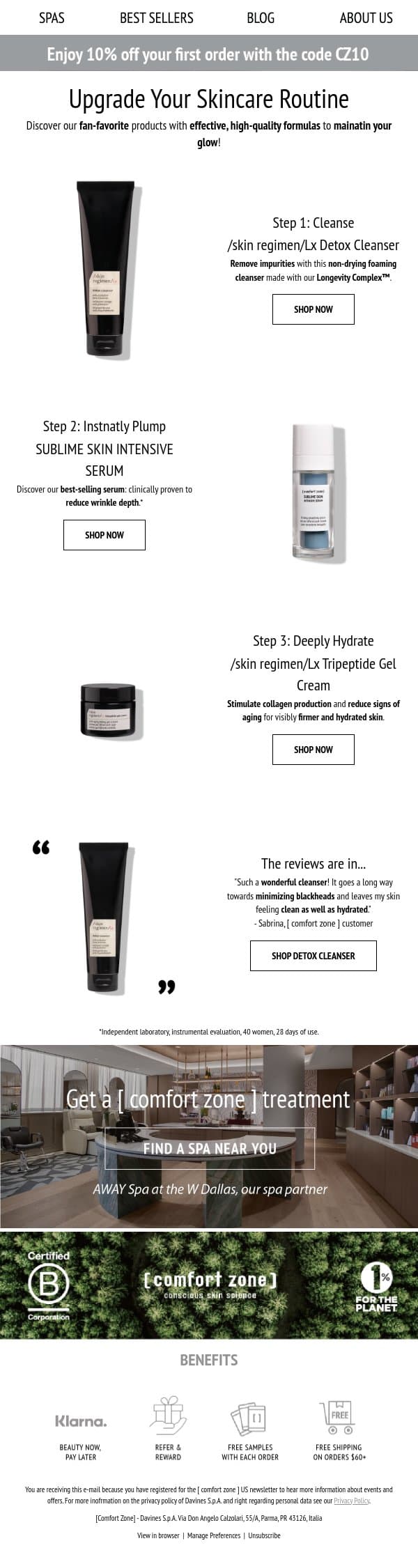 Your personalized skincare routine email from Comfort Zone screenshot