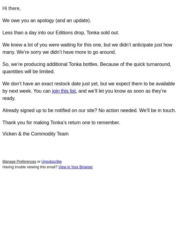 We owe you a Tonka update email from Commodity screenshot