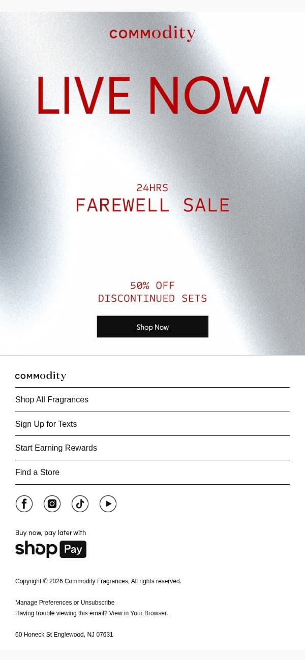 Live Now: Farewell Sale email from Commodity screenshot