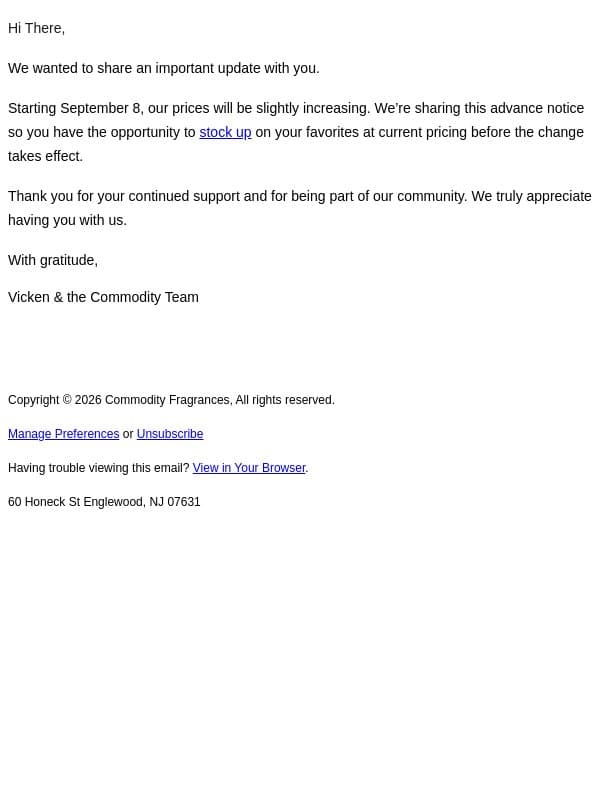 An update to our pricing email from Commodity screenshot