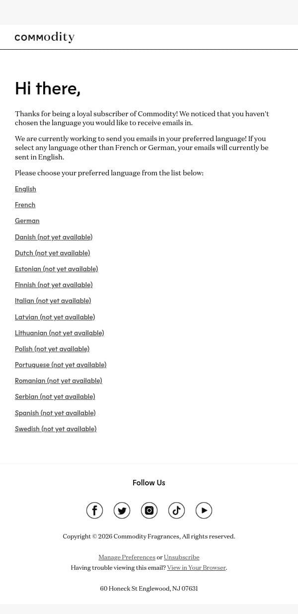 Prefer our emails in another language? email from Commodity screenshot