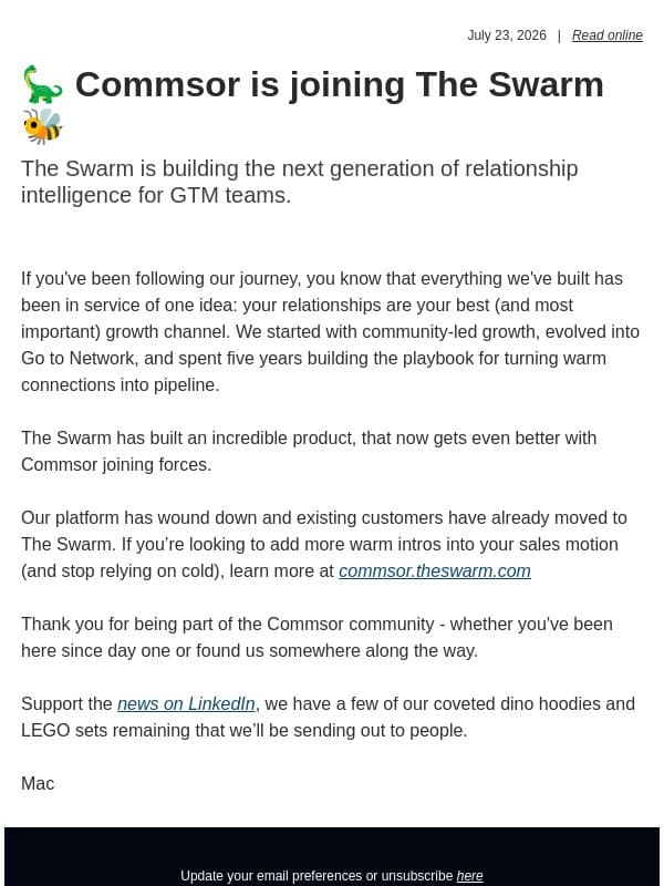 🦕 Commsor is joining The Swarm 🐝 email from Commsor