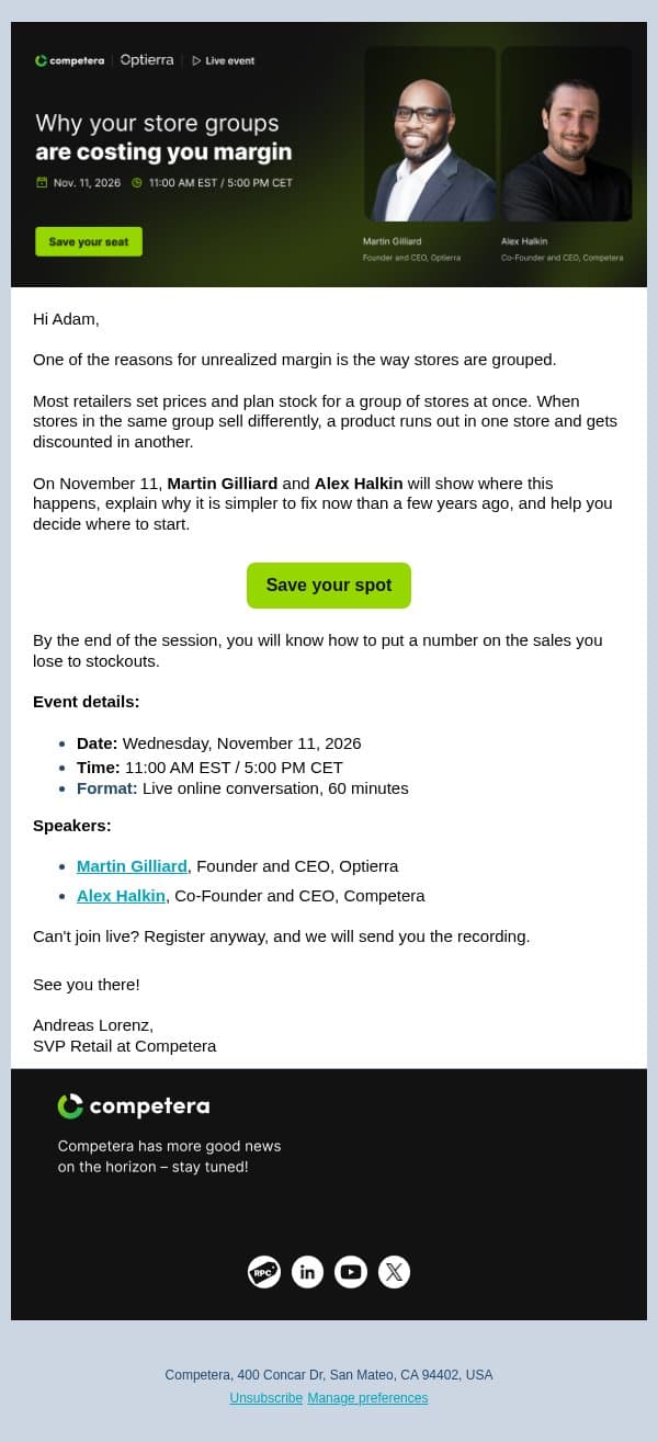 Live on November 11: Why your store groups are costing you margin email from Competera screenshot