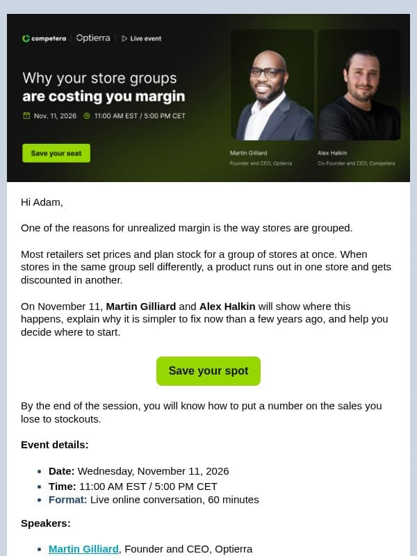 Live on November 11: Why your store groups are costing you margin email from Competera