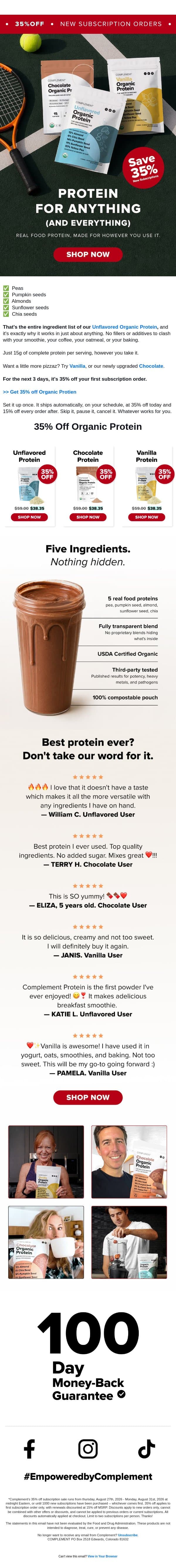 35% Off Protein (2 Days Left) email from Complement screenshot