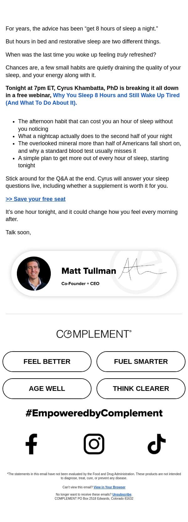 Sleeping 8 hours and still tired? email from Complement screenshot