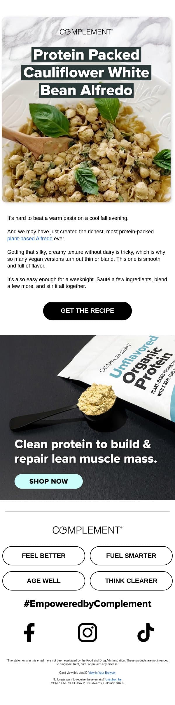 The richest plant-based Alfredo yet? 🍝 email from Complement screenshot