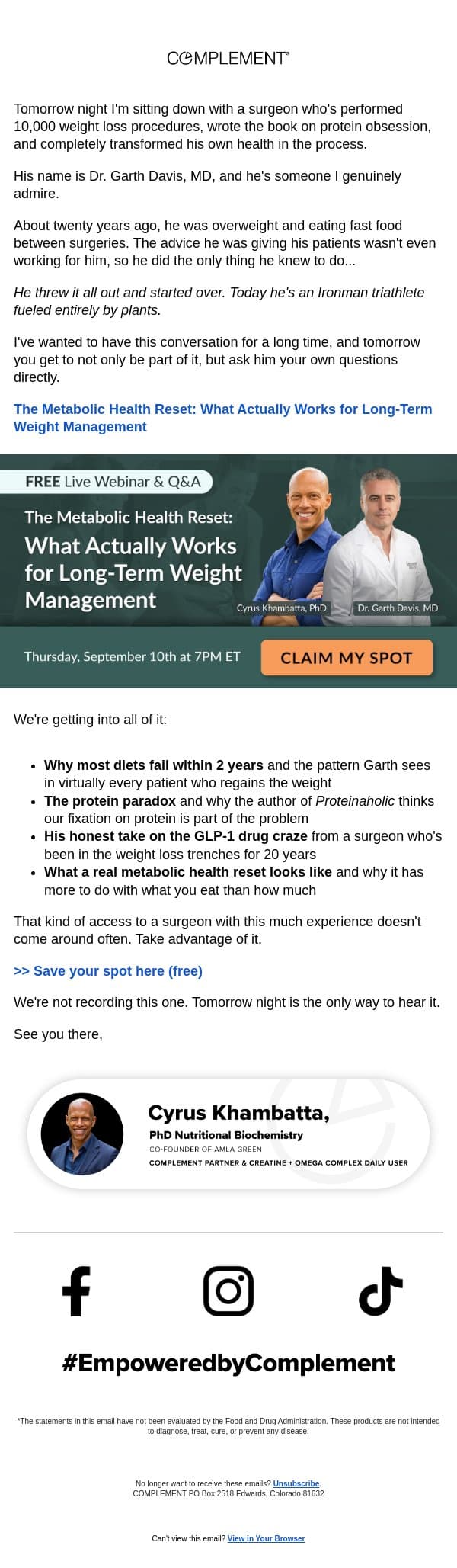 Tomorrow: My live conversation with Dr. Garth Davis email from Complement screenshot