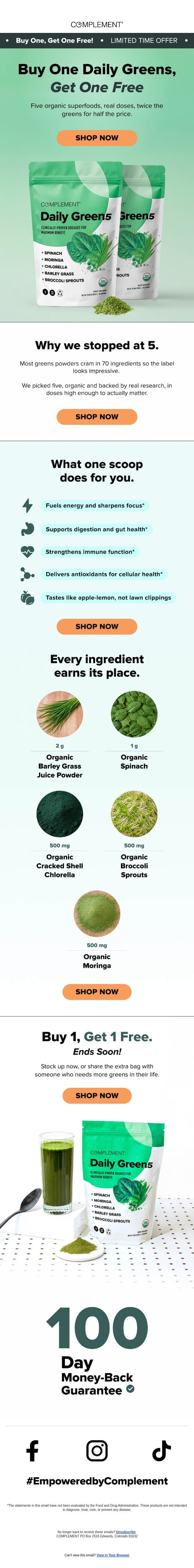 BOGO: Daily Greens, on us email from Complement screenshot