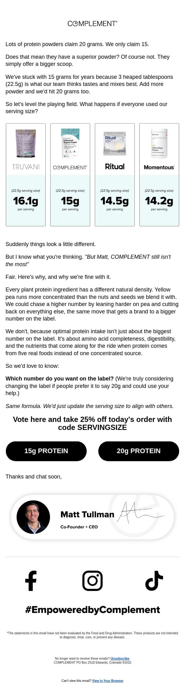 15g vs 20g of protein email from Complement screenshot