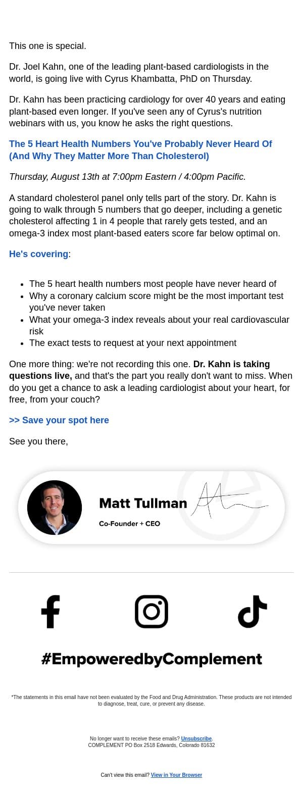 Q&A with Cardiologist Dr. Kahn email from Complement screenshot