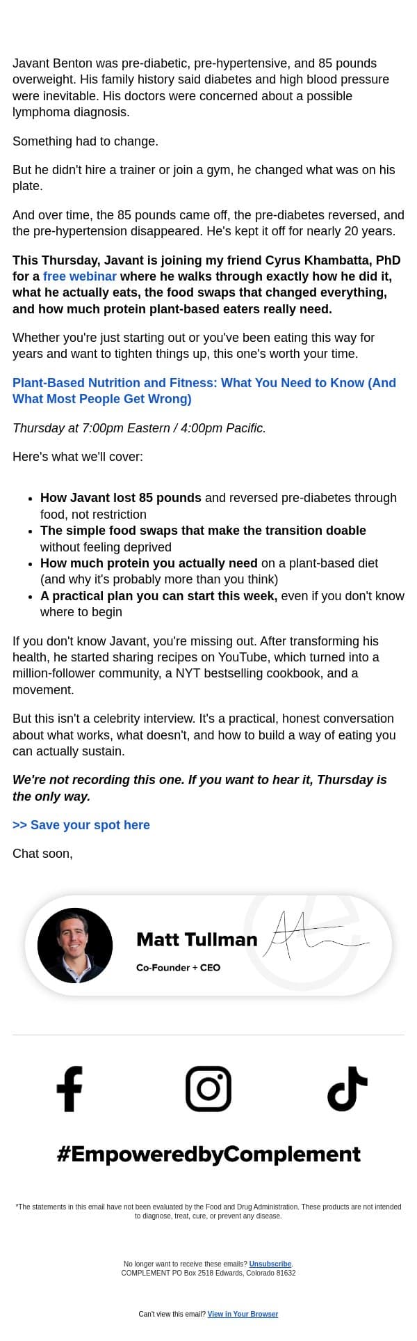 Thursday: The Plant-Based Transformation You Need to See email from Complement screenshot