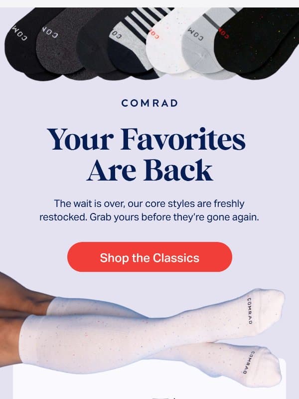 Restocked, Act Fast! email from Comrad