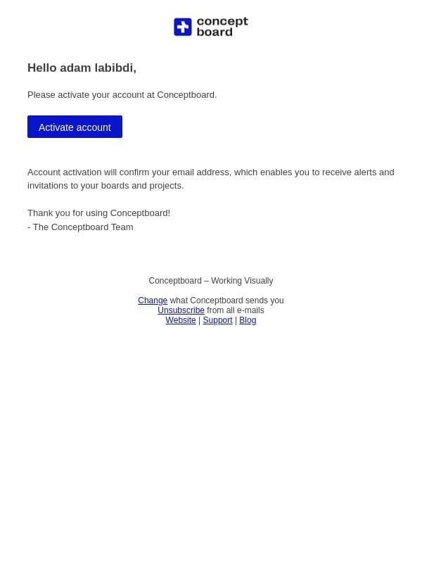 Activate your Conceptboard account email from Conceptboard screenshot