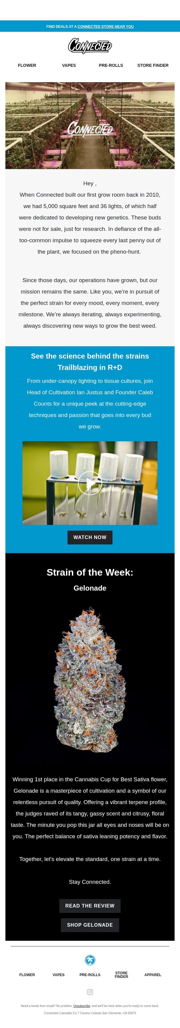Big R+D Energy email from Connected Cannabis Co. screenshot
