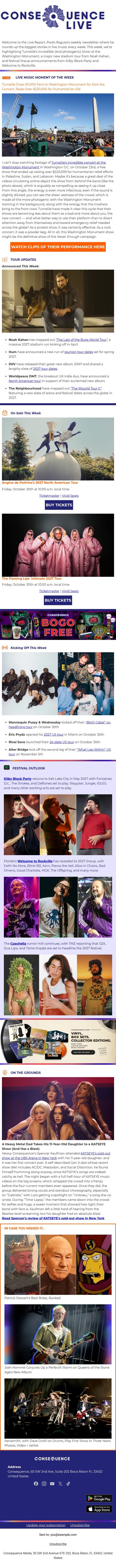 Live Report: Turnstile's Incredible (and Photogenic) Washington Monument Show, Noah Kahan's 2027 Tour, and More email from Consequence of Sound screenshot