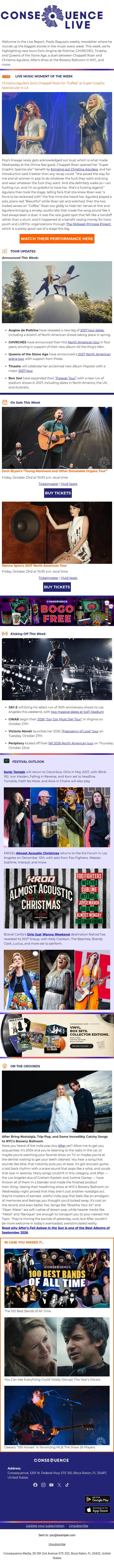 Live Report: New 2027 Tours from Angine de Poitrine, CHVRCHES, Queens of the Stone Age, and more email from Consequence of Sound screenshot