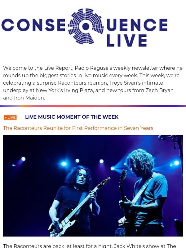 Live Report: Troye Sivan's Impressive New Era + New Tours from Zach Bryan and Iron Maiden email from Consequence of Sound