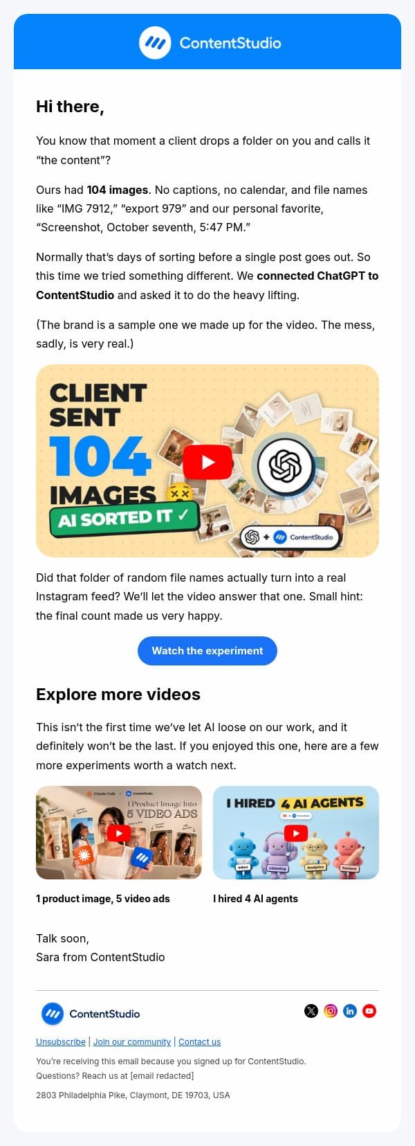 A client sent us 104 images and zero instructions email from ContentStudio screenshot