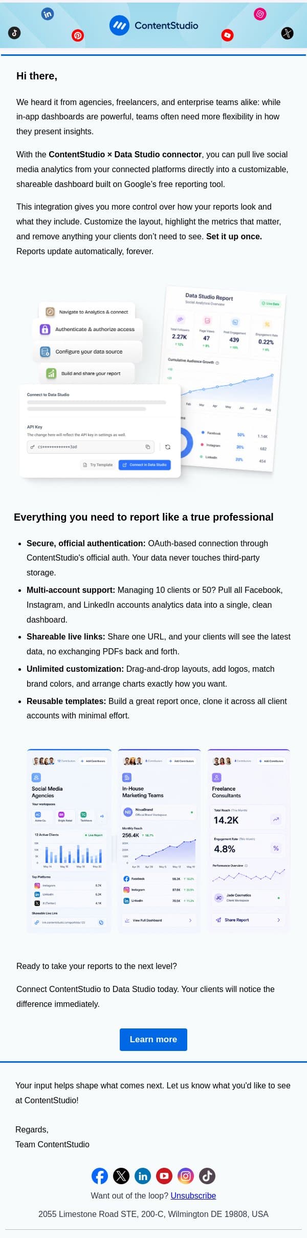 New feature: Google Data Studio connector is here. email from ContentStudio screenshot