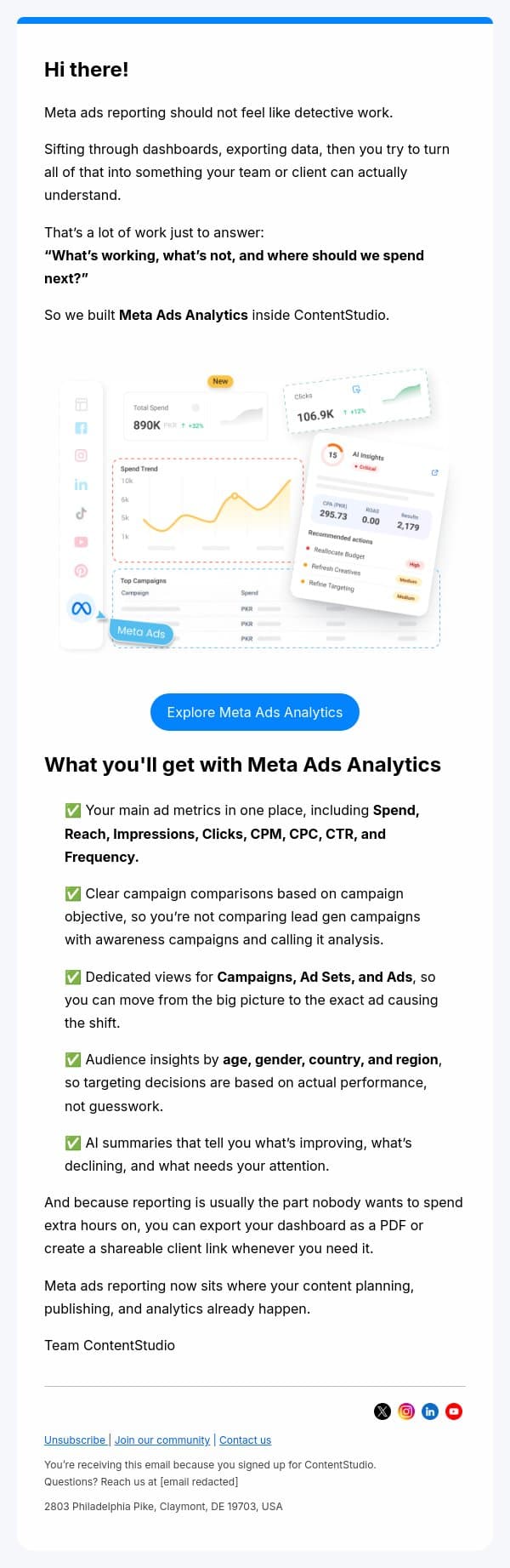 Meta ad reporting, now inside ContentStudio email from ContentStudio screenshot