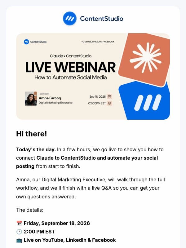 Today's the day. We go live at 2 PM EST email from ContentStudio