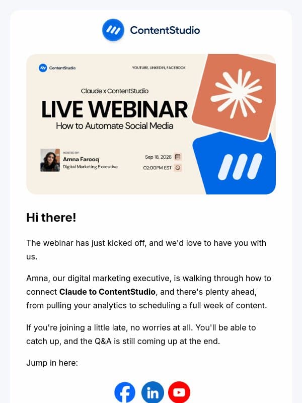 We're live right now. Come join us! email from ContentStudio