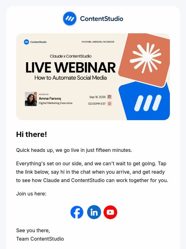 We're starting in 15 minutes email from ContentStudio