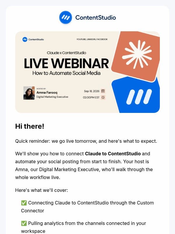 We go live tomorrow: Claude x ContentStudio email from ContentStudio