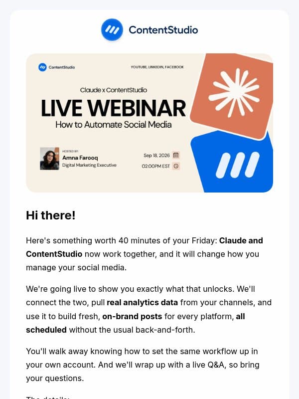 We're going live this Friday. Set your reminders. email from ContentStudio