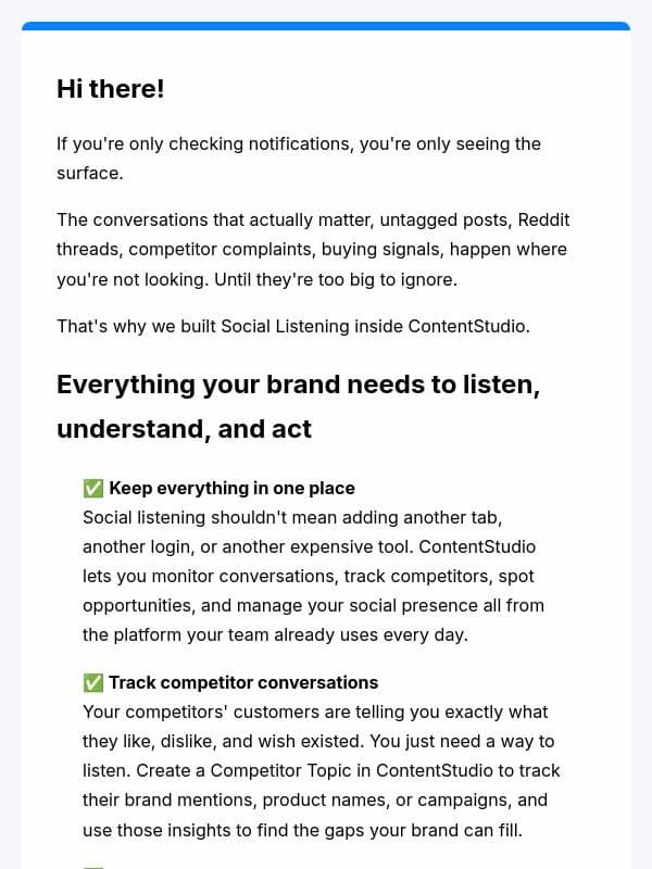 Still haven't set up Social Listening? Here's the tutorial. email from ContentStudio
