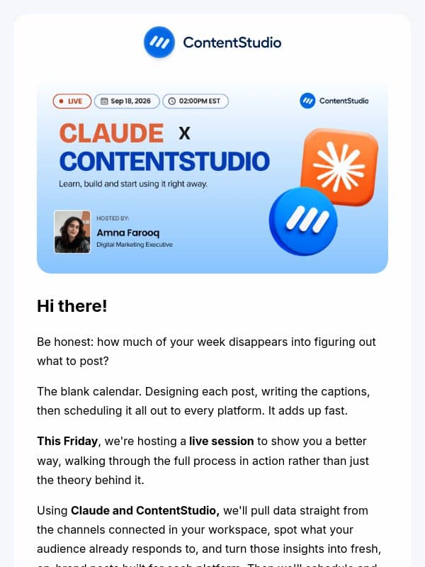 What if your next week of posts wrote itself? email from ContentStudio