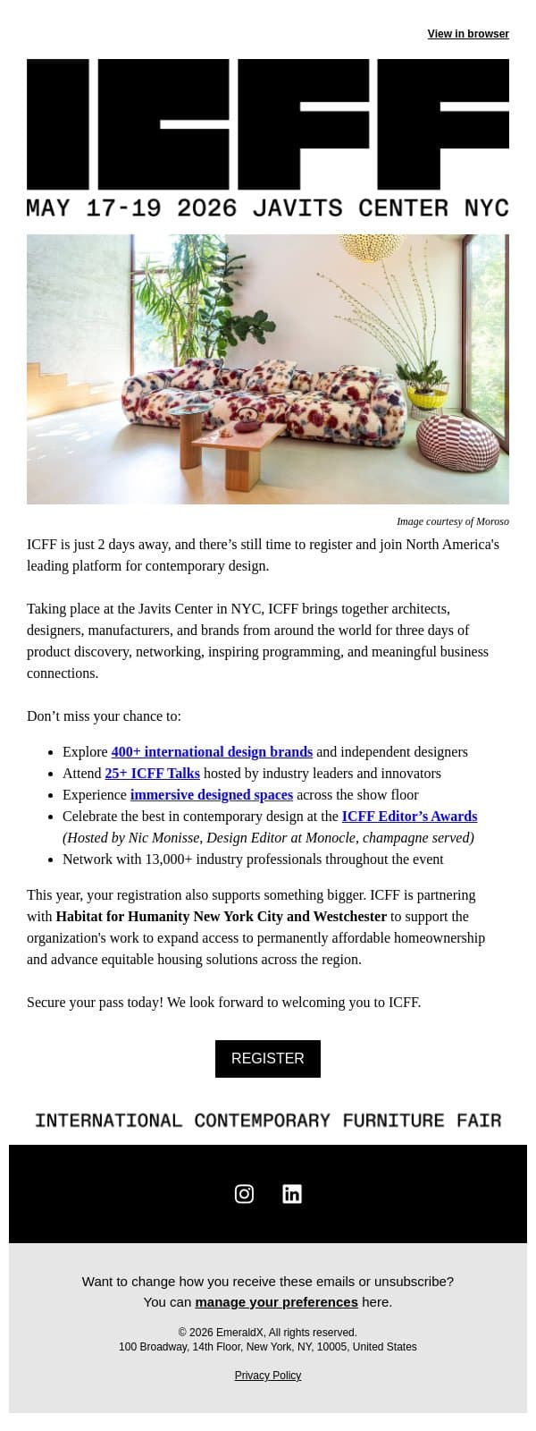 ICFF Begins This Weekend — Register Now email from Contract Design screenshot