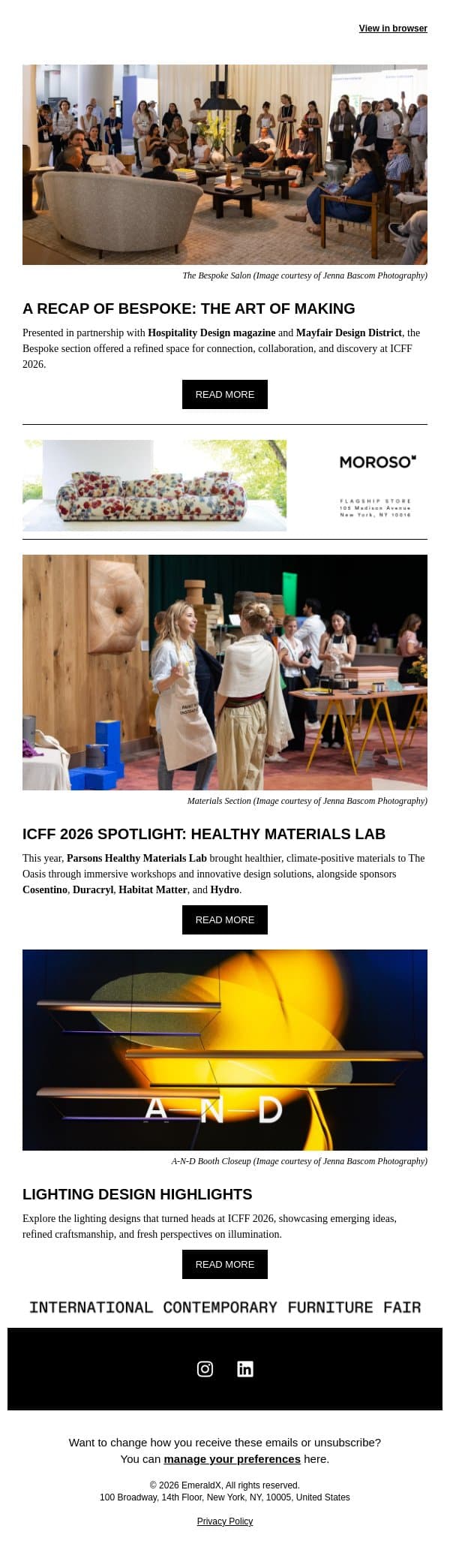 Bespoke: The Art of Making & Healthy Materials Lab at ICFF 2026 email from Contract Design screenshot