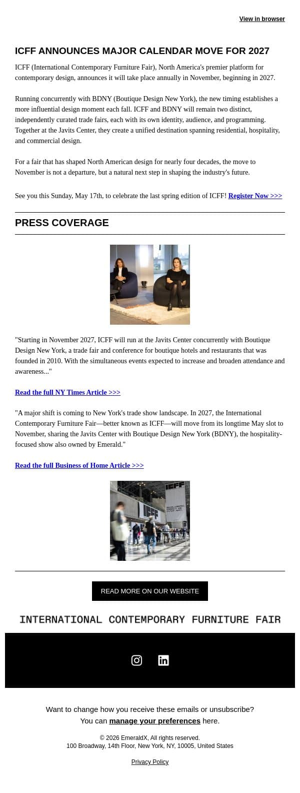 ICFF Announces November 2027 Edition email from Contract Design screenshot