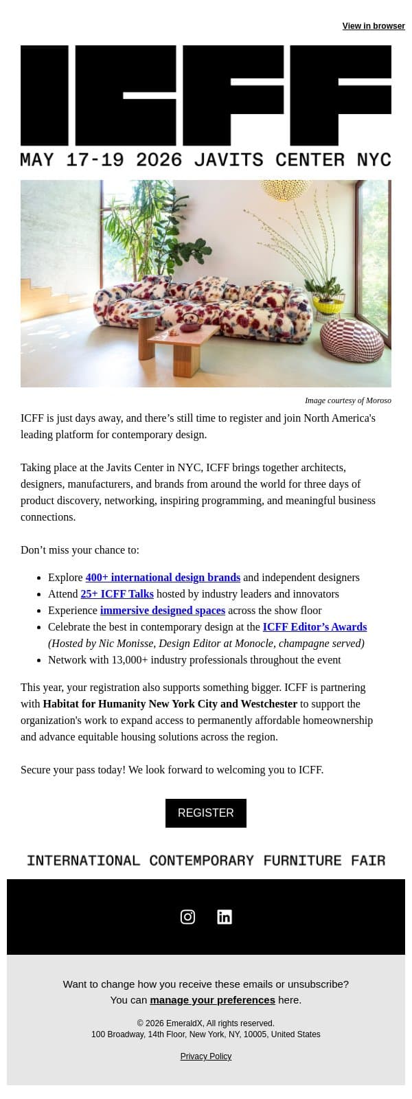 Only a Few Days Left to Register for ICFF email from Contract Design screenshot