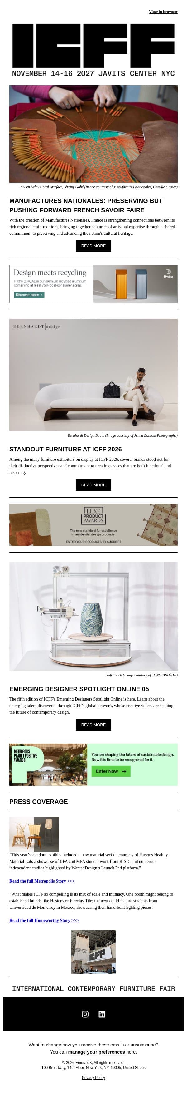 Spotlights: Manufactures Nationales and Furniture at ICFF 2026 email from Contract Design screenshot