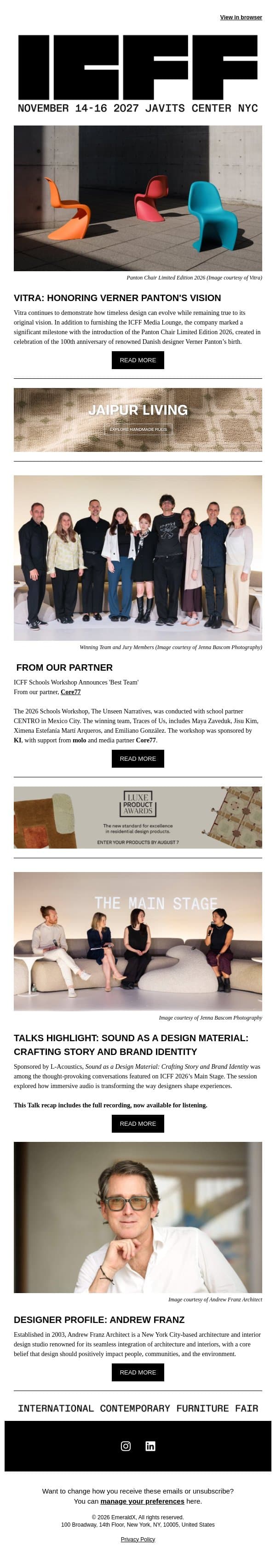 A Spotlight on Vitra and ICFF's School Workshop Winners email from Contract Design screenshot