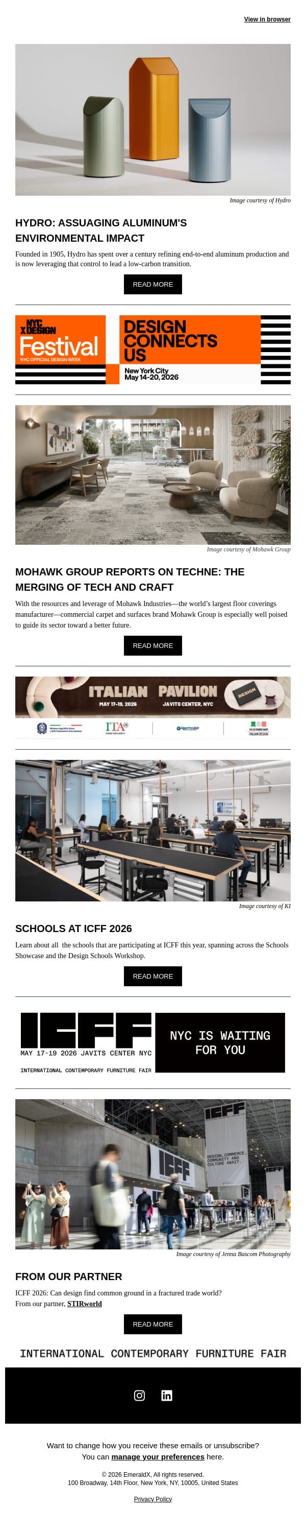 Brand Spotlights: Hydro and Mohawk Group email from Contract Design screenshot