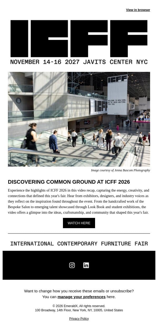 Discovering Common Ground at ICFF 2026 email from Contract Design screenshot