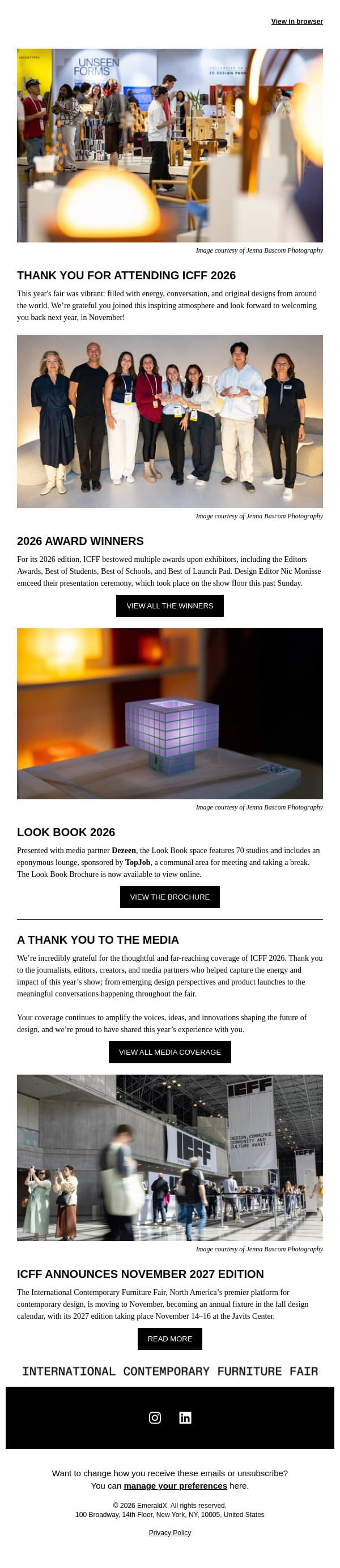 ICFF 2026 Awards Winners and the Look Book Brochure email from Contract Design screenshot
