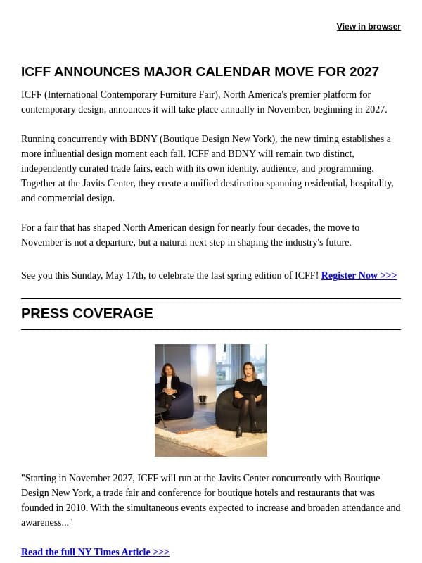 ICFF Announces November 2027 Edition email from Contract Design