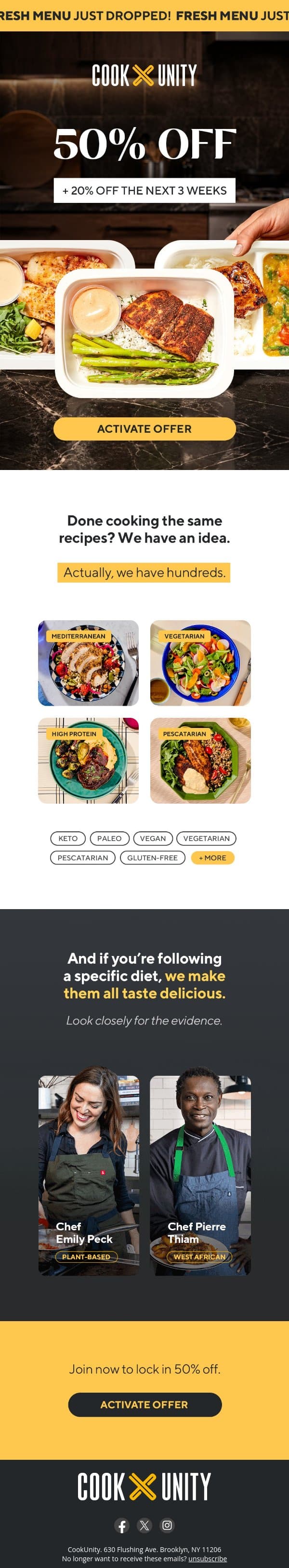 0 prep. 400+ meals. 50% off. email from Cook Unity screenshot