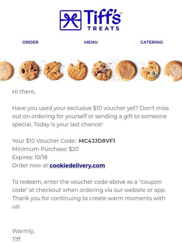Hi, Your $10 Voucher Expires Tonight email from Cookie Delivery