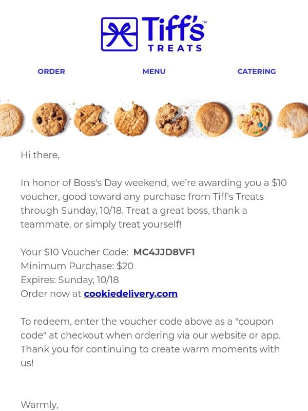 A $10 voucher for Boss's Day weekend email from Cookie Delivery