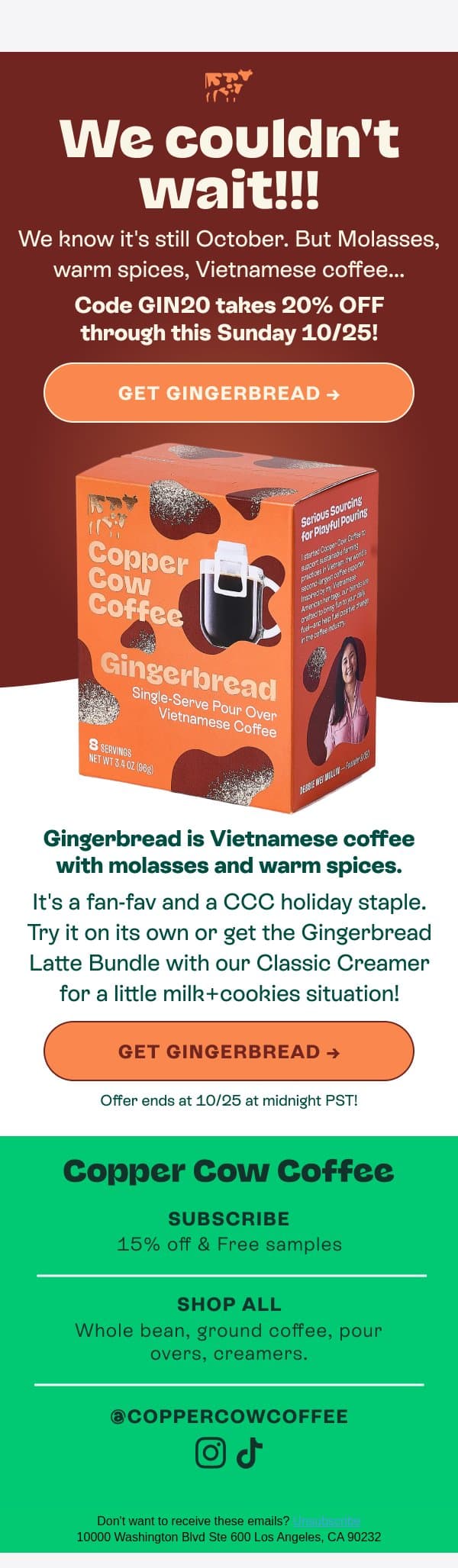 ‼️GINGERBREAD: 20% OFF FOR A LIMITED TIME! ‼️ email from Copper Cow Coffee screenshot
