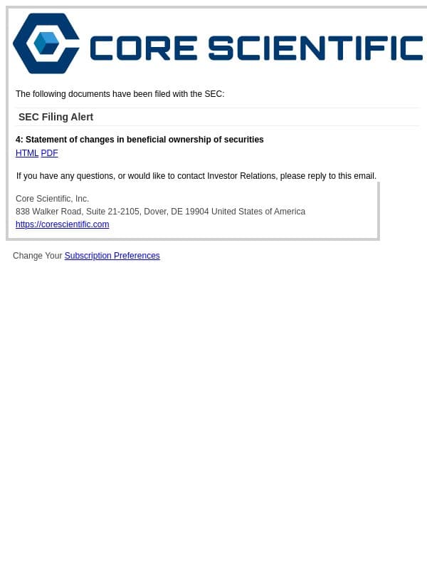 SEC Filing Alert for Core Scientific, Inc. email from Core Scientific