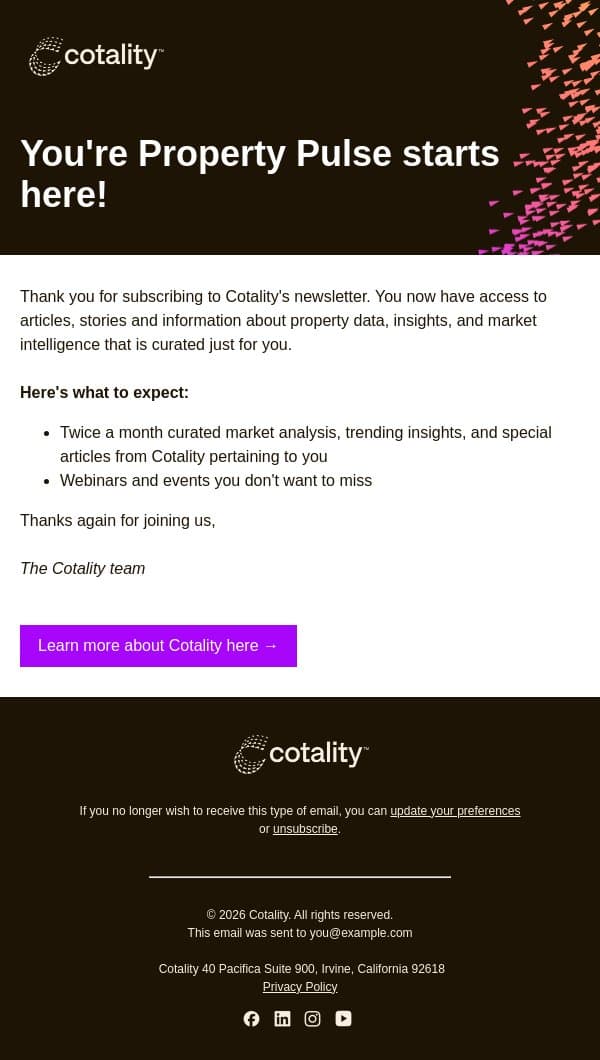 Welcome to the Cotality newsletter email from CoreLogic screenshot