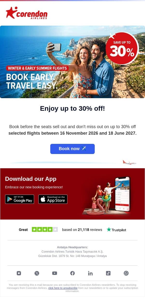 ✈️ Flights with up to 30% off await you! 😍 email from Corendon Airlines screenshot