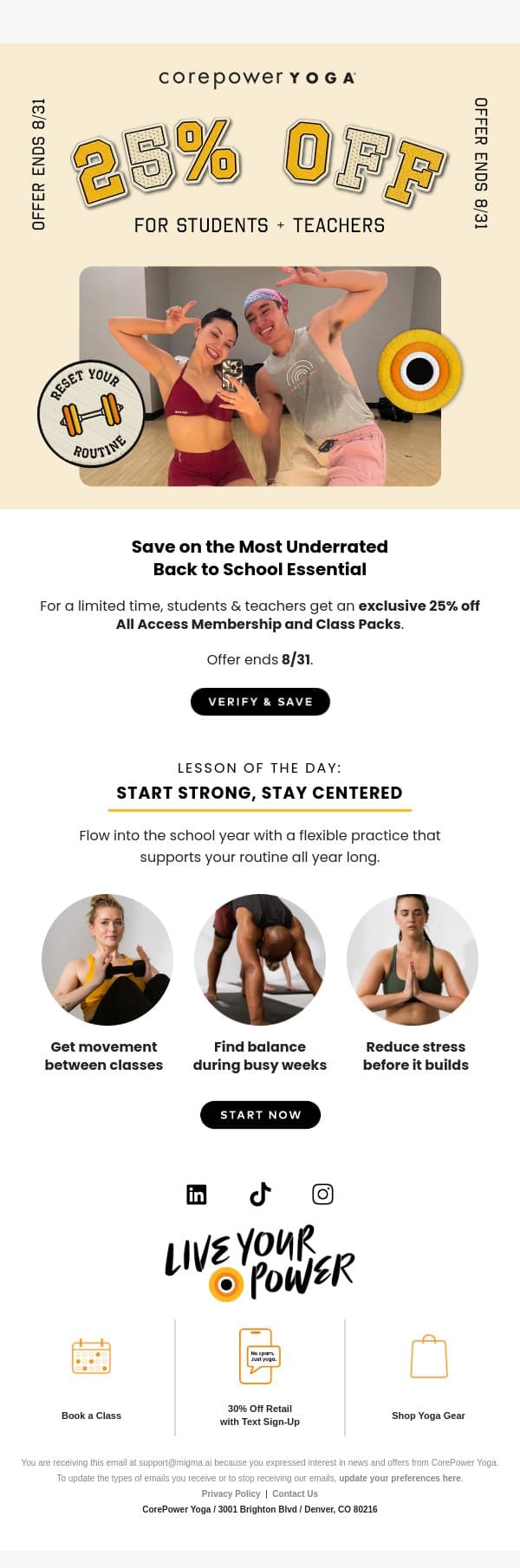 Students & Teachers Save 25% π email from CorePower Yoga screenshot